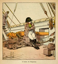 Illustration von Louis Bombled aus dem Buch „Das Memorial von Saint Helene“ von Graf Emmanuel de Las Cases: Der Kaiser Napoleon an Bord der Northumberland im Jahr 1815