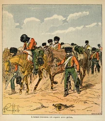 Illustration aus dem Buch „Das Memorial von St. Helene“ von Graf Emmanuel de Las Cases: Die imperiale Armee überquert mühsam die russischen Ebenen vor Moskau