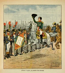Illustration aus dem Buch „The memorial se Sainte Helene“ von Graf Emmanuel de Las Cases: Der Kaiser Napoleon inspiziert die Truppen