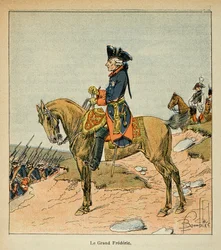 Illustration aus dem Buch „The Memorial Se Sainte Helene“ von Graf Emmanuel de Las Cases: Reiterporträt von Friedrich II. von Preußen, genannt Friedrich der Große