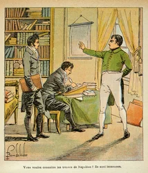 Illustration von Louis Bombled (1862-1927) aus dem Buch „Das Memorial von St. Helena“ von Graf Emmanuel de Las Cases (1766-1842): Napoleon diktiert seine Memoiren an Las Cases
