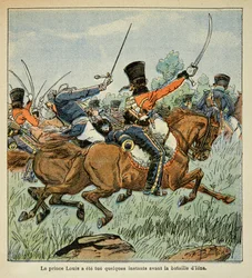 Illustration aus dem Buch „The Memorial of Saint Helene“ von Graf Emmanuel de Las Cases: Tod von Prinz Louis Ferdinand von Preußen während der Schlacht von Saalfeld am 10. Oktober