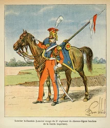 Illustration aus dem Buch „The Memorial of Saint Helene“ von Graf Emmanuel de Las Cases: Porträt eines niederländischen Lanzenträgers (Roter Lanzenträger des 2. Regiments der leichten Kavallerie der Kaiserlichen Garde)
