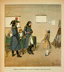 Illustration von Bombled Louis (1862-1927) aus dem Buch „Das Memorial von St. Helena“ von Graf Emmanuel de Las Cases (1766-1842): Eugene de Beauharnais (1781-1824) fordert das Schwert seines Vaters von Bonaparte, Private Sammlung