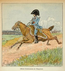 Illustration von Louis Bombled (1862-1927) aus dem Buch „Das Memorial von Saint Helena“ von Graf Emmanuel de Las Cases (1766-1842): Porträt eines gewöhnlichen Offiziers von Kaiser Napoleon, Private Sammlung