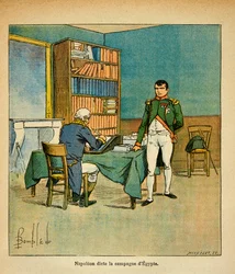 Illustration von Louis Bombled (1862-1927) aus dem Buch „Das Memorial von Saint Helena“ von Graf Emmanuel de Las Cases (1766-1842): Im Exil diktiert Kaiser Napoleon dem Großmarschall Henri Gatien Bertrand (1773-1844) seine Erinnerungen über den ägyptischen
