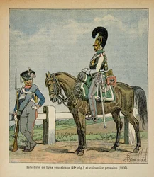 Illustration aus dem Buch „The Memorial of Saint Helene“ von Graf Emmanuel de Las Cases: Infanterie der preußischen Linie (42. Regiment) und preußische Schlachtschiffe