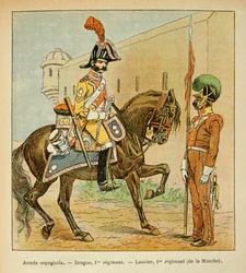 Illustration von Louis Bombled aus dem Buch „Das Memorial von Saint Helene“ von Graf Emmanuel de Las Cases: Spanische Armee: Dragoner des 1. Regiments und Lanzenreiter des 1. Regiments des Kanals