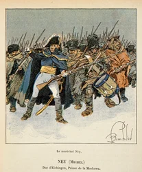 Illustration von Louis Bombled aus dem Buch „Das Memorial von St. Helene“ von Graf Emmanuel de Las Cases: Porträt von Marschall Michel Ney, Herzog von Elchingen, Prinz von Moskova, während des Rückzugs aus Russland, Private Sammlung