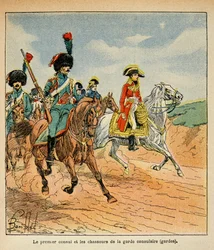 Illustration von Louis Bombled aus dem Buch „Das Memorial von Saint Helene“ von Graf Emmanuel de Las Cases: Der Erste Konsul und Jäger der Konsulargarde