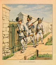 Die östliche Armee von Eugene Sergeant, genannt Grenest, illustriert von Louis Bombled (1862-1927) (Französisch-Deutscher Krieg; Feldzug von 1870-1871): Freischützen auf Erkundung, Teilsammlung