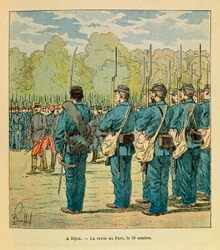 Die Armee des Ostens von Eugene Sergeant, genannt Grenest, illustriert von Louis Bombled (1862-1927) (Französisch-Deutscher Krieg; Feldzug von 1870-1871): In Dijon, das Magazin der Nationalgarde im Park am 19. Oktober