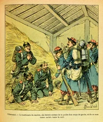 Die Ost-Armee von Eugene Sergeant, illustriert von Louis Bombled: Sechs Badois verlassen das Stroh eines Wachkorps