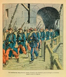 Die Armee des Ostens von Eugene Sergent, genannt Grenest, illustriert von Louis Bombled (1862-1927) (Französisch-Deutscher Krieg; Feldzug von 1870-1871): Die Mobilen der Deux-Sèvres verlassen Besançon singend, um mit dem Rest der Armee zur Loire zu marschi