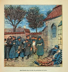 Die Armee der Loire von Eugene Sergent, genannt Grenest, illustriert von Louis Bombled (Französisch-Deutscher Krieg; Feldzug von 1870-1871): Die deutschen Verwundeten im Hof des Pfarrhauses von Lorcy während der Schlacht von Beaune La Rolande im November 1