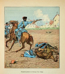 Die Armee der Loire von Eugene Sergent, dit Grenest, illustriert von Louis Bombled (Deutsch-Französischer Krieg; Feldzug von 1870-1871): Preußische Husaren griffen im Oktober 1870 ein Dorf an