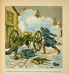 Die Armee der Loire von Eugene Sergent, genannt Grenest, illustriert von Louis Bombled (1862-1927) (Deutsch-Französischer Krieg; Feldzug von 1870-1871): In Parigné unterstützte ein Artillerie-Hauptmann den Rückzug, indem er sein letztes Geschütz im Januar 