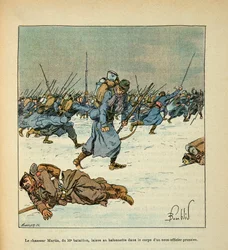 Die Armee der Loire von Eugene Sergent, genannt Grenest, illustriert von Louis Bombled (1862-1927) (Deutsch-Französischer Krieg; Feldzug von 1870-1871): Schlacht von Le Mans, Januar 1871, der Jäger Martin vom 10. Bataillon lässt sein Bajonett im Körper ein