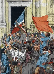 Proklamation der Zweiten Republik, Revolution von 1848: Alphonse de Lamartine (1790-1869), der die rote Fahne als Emblem der Republik ablehnt und die Trikolore bevorzugt, während einer Rede im Rathaus von Paris, 25. Februar