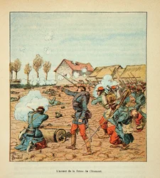 Die Armee der Loire von Eugene Sergent, illustriert von Louis Bombled (Deutsch-Französischer Krieg; Feldzug von 1870-1871): Schlacht von Coulmiers am 9. November 1870, Angriff auf den Cleomont-Hof