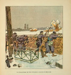 Die Armee der Loire von Eugene Sergent, genannt Grenest, illustriert von Louis Bombled (Französisch-Deutscher Krieg; Feldzug von 1870-1871): Die französischen Schützen von Paris verteidigen den Friedhof von Montsort (Alencon) im Januar 1871