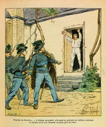 Die Ostarmee von Eugène Sergeant, genannt Grenest, illustriert von Louis Bombled (1862-1927) (Deutsch-Französischer Krieg; Feldzug von 1870-1871): November 1870, in Châtillon-sur-Seine nahm Hauptmann Michard den deutschen Rechnungsführer im Hôtel de la