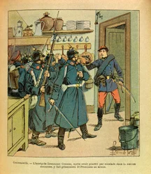Die östliche Armee von Eugene Sergeant, genannt Grenest, illustriert von Louis Bombled (1862-1927) (Deutsch-Französischer Krieg; Feldzug von 1870-1871): In Contrexeville nahm der unerschrockene Leutnant Coumes nach dem Klettern ins Gemeindehaus 16 Preußen 