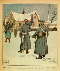 Die Armee des Ostens von Eugene Sergeant, dit Grenest, illustriert von Louis Bombled (Deutsch-Französischer Krieg; Feldzug von 1870-1871): Januar 1871 - Arcey, ein deutscher Parlamentarier kommt, um beim 60. Marsch den Körper eines in Aibre getöteten Off