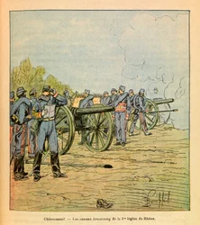 Die östliche Armee von Eugene Sergeant, genannt Grenest, illustriert von Louis Bombled (1862-1927) (Französisch-Deutscher Krieg; Feldzug von 1870-1871): Vor Chateauneuf, die Armstrong-Kanonen der ersten Legion der Rhone im Dezember 1870, Privatbesitz