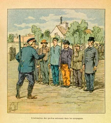 Die Ostarmee von Eugène Sergeant, genannt Grenest, illustriert von Louis Bombled (1862-1927) (Deutsch-Französischer Krieg; Feldzug von 1870-1871): Die Ausbildung der Nationalgarden auf dem Land zur Verteidigung des Territoriums, Privatsammlung.