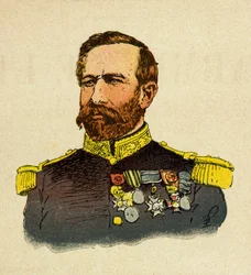 Die östliche Armee von Eugene Sergeant, bekannt als Grenest, illustriert von Louis Bombled (1862-1927) (Französisch-Deutscher Krieg; Feldzug von 1870-1871): Porträt von General Bourbaki (1816-1897), Privatbesitz