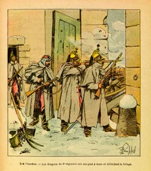 Die Ost-Armee von Eugene Sergeant, illustriert von Louis Bombled: Die Drachen des 6. Regiments verteidigen das Dorf Les Plches