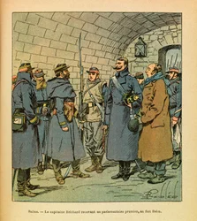 Die Ost-Armee von Eugene Sergeant, illustriert von Louis Bombled: Kapitän Brichard empfängt einen preußischen Parlamentär in Fort Belin