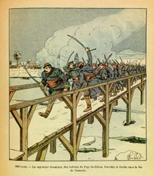 Die Ost-Armee von Eugene Sergeant, illustriert von Louis Bombled: Kapitän Grosliers überquert den Doubs unter feindlichem Feuer