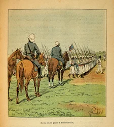 Der Krieg in Madagaskar - Anekdotische Geschichte der französischen Expeditionen von 1885-1895 von Henri Galli dit Galllichet, illustriert von Louis Bombled: Truppenparade am 14. Juli