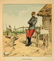 Der Krieg in Madagaskar - Anekdotische Geschichte der französischen Expeditionen von 1885-1895 von Henri Galli dit Galllichet, illustriert von Louis Bombled: Porträt von General Metzinger in Madagaskar im Jahr 1895