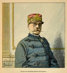 Der Krieg in Madagaskar - Anekdotische Geschichte der französischen Expeditionen von 1885-1895 von Henri Galli dit Galllichet, illustriert von Louis Bombled: Porträt von General Emile Auguste Francois Zurlinden, Kriegsminister