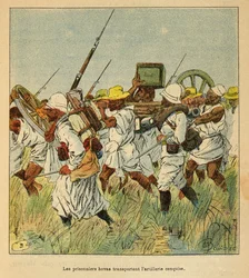 Der Krieg in Madagaskar - Anekdotische Geschichte der französischen Expeditionen von 1885-1895 von Henri Galli, illustriert von Louis Bombled: Gefangene Hovas transportieren Artillerieteile
