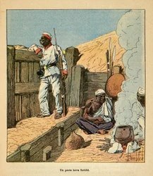 Der Krieg in Madagaskar - Anekdotische Geschichte der französischen Expeditionen von 1885-1895 von Henri Galli, illustriert von Louis Bombled: Ein befestigter Hova-Posten