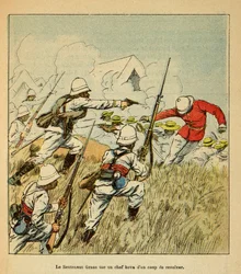 Der Krieg in Madagaskar - Anekdotische Geschichte der französischen Expeditionen von 1885-1895: Leutnant Grss tötet einen Hova-Häuptling während der Schlachten von Tsarasaotra 1895