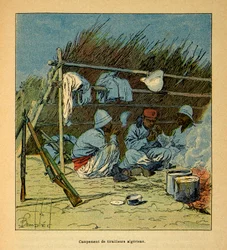 Der Krieg in Madagaskar - Anekdotische Geschichte der französischen Expeditionen von 1885-1895 von Henri Galli dit Galllichet (1854-1922), illustriert von Louis Bombled (1862-1927): Lager der Algerier in Madagaskar im Jahr 1895, Privatbesitz