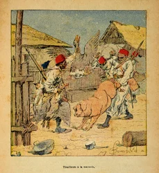 Der Krieg in Madagaskar - Anekdotische Geschichte der französischen Expeditionen von 1885-1895 von Henri Galli dit Galllichet (1854-1922), illustriert von Louis Bombled (1862-1927): Plünderung der Tirailleurs in Bauernhöfen, Privatbesitz
