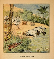 Der Krieg in Madagaskar - Anekdotische Geschichte der französischen Expeditionen von 1885-1895 von Henri Galli dit Galllichet (1854-1922), illustriert von Louis Bombled (1862-1927): Eine Pause am Fluss im Jahr 1895, Privatbesitz