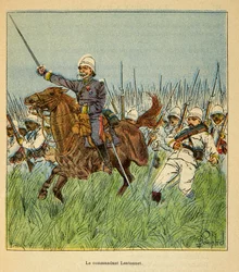 Der Krieg in Madagaskar - Anekdotische Geschichte der französischen Expeditionen von 1885-1895 von Henri Galli dit Galllichet (1854-1922), illustriert von Louis Bombled (1862-1927): Der Kommandant Lentonnet (1840-1896) mit den französischen Truppen während