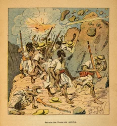 Der Krieg in Madagaskar - Anekdotische Geschichte der französischen Expeditionen von 1885-1895 von Henri Galli dit Galllichet (1854-1922), illustriert von Louis Bombled (1862-1927): Rückzug der Hovas auf Andriba, Privatbesitz