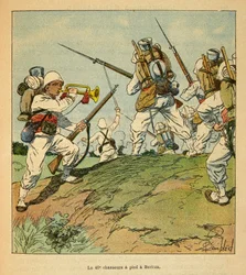 Der Krieg in Madagaskar - Anekdotische Geschichte der französischen Expeditionen von 1885-1895 von Henri Galli dit Galllichet (1854-1922), illustriert von Louis Bombled (1862-1927): Die 40. Fußjäger während der Kämpfe in Beritza im Jahr 1895, Privatbesitz