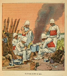 Der Krieg in Madagaskar - Anekdotische Geschichte der französischen Expeditionen von 1885-1895 von Henri Galli dit Galllichet (1854-1922), illustriert von Louis Bombled (1862-1927): Ein Biwak der 200. Linie in Madagaskar im Jahr 1895, Privatbesitz
