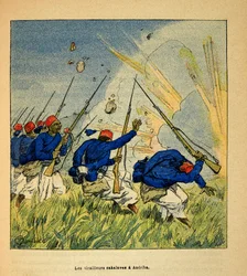 Der Krieg in Madagaskar - Anekdotische Geschichte der französischen Expeditionen von 1885-1895 von Henri Galli, illustriert von Louis Bombled: Die Sakalave-Tirailleure während der Kämpfe in Andriba, 1895