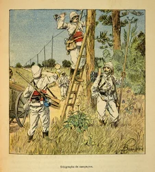 Der Krieg in Madagaskar - Anekdotische Geschichte der französischen Expeditionen von 1885-1895 von Henri Galli dit Galllichet, illustriert von Louis Bombled: Einrichtung des Feldtelegraphen durch das Militär in Madagaskar im Jahr 1895