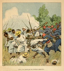 Der Krieg in Madagaskar - Anekdotische Geschichte der französischen Expeditionen von 1885-1895 von Henri Galli dit Galllichet, illustriert von Louis Bombled: Die Madagassen erobern eine Kanone während der Schlachten von Ambolomonty im Jahr 1895